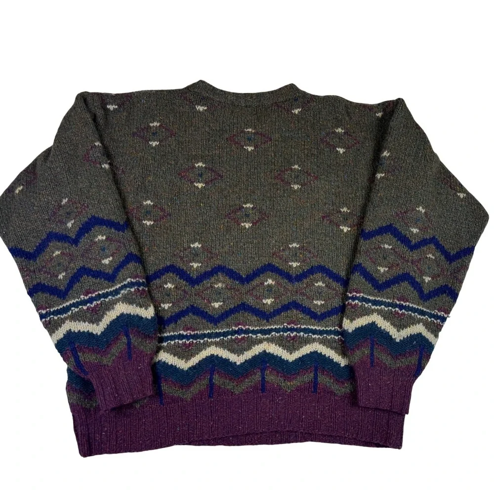 Regatta Sport Vtg 100% Wool Fair Isle Knit Crewneck Sweater Mens XL Green Purple